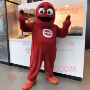 Maroon Bagels mascot costume character dressed with a Jumpsuit and Gloves