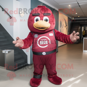 Maroon Bagels mascot costume character dressed with a Jumpsuit and Gloves