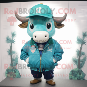 Teal Zebu mascot costume character dressed with a Bomber Jacket and Beanies