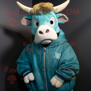 Teal Zebu mascot costume character dressed with a Bomber Jacket and Beanies