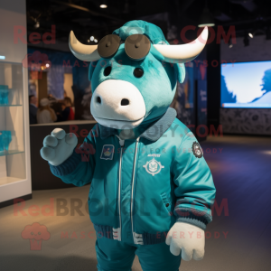 Teal Zebu mascot costume character dressed with a Bomber Jacket and Beanies