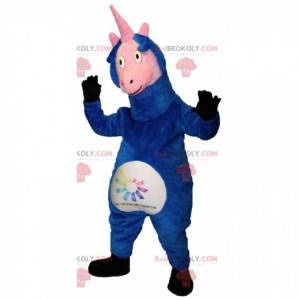 Blauw en roze fantastische diereneenhoorn mascotte -