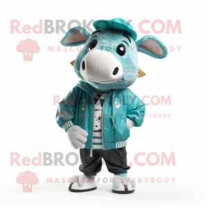 Teal Zebu mascot costume character dressed with a Bomber Jacket and Beanies