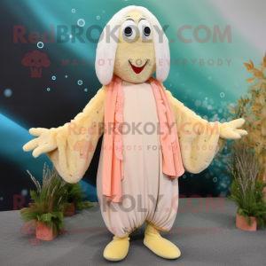 Cream Shrimp Scampi mascot costume character dressed with a Trousers and Shawls