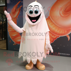 Cream Shrimp Scampi mascot costume character dressed with a Trousers and Shawls