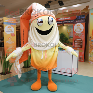 Cream Shrimp Scampi mascot costume character dressed with a Trousers and Shawls