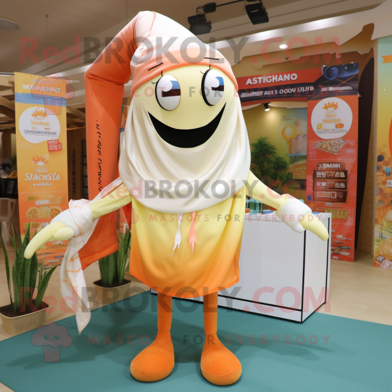 Cream Shrimp Scampi mascot costume character dressed with a Trousers and Shawls Cream Shrimp Scampi mascot costume character dressed with a Trousers and Shawls
