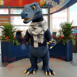 Navy Spinosaurus mascot costume character dressed with a Sweater and Scarves