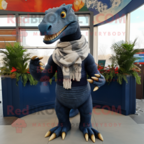 Navy Spinosaurus mascot costume character dressed with a Sweater and Scarves