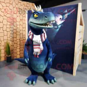 Navy Spinosaurus mascot costume character dressed with a Sweater and Scarves