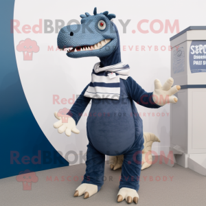 Navy Spinosaurus mascot costume character dressed with a Sweater and Scarves