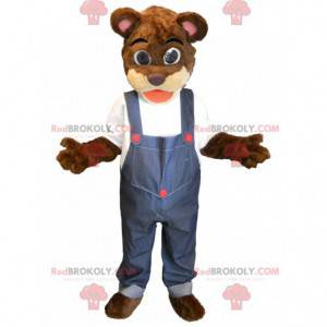 Mascotte de nounours marron et beige en salopette -