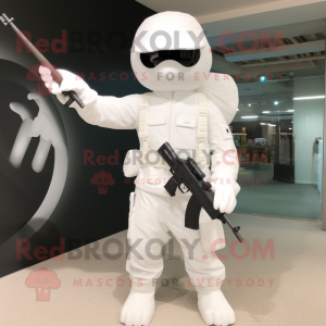 White Sniper mascot costume character dressed with a Playsuit and Clutch bags