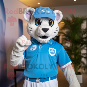Sky Blue Puma mascot costume character dressed with a Polo Shirt and Rings