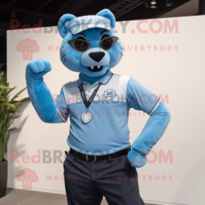 Sky Blue Puma mascot costume character dressed with a Polo Shirt and Rings