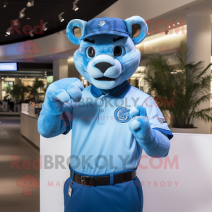 Sky Blue Puma mascot costume character dressed with a Polo Shirt and Rings