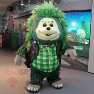 Green Porcupine mascot costume character dressed with a Flannel Shirt and Messenger bags