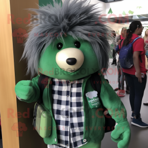 Green Porcupine mascot costume character dressed with a Flannel Shirt and Messenger bags