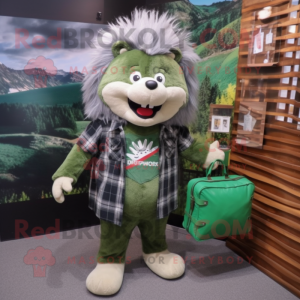 Green Porcupine mascot costume character dressed with a Flannel Shirt and Messenger bags