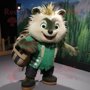 Green Porcupine mascot costume character dressed with a Flannel Shirt and Messenger bags