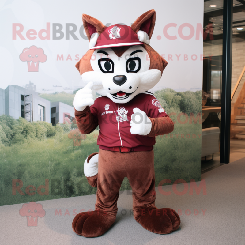 Maroon Bobcat mascot costume character dressed with a Chinos and Caps