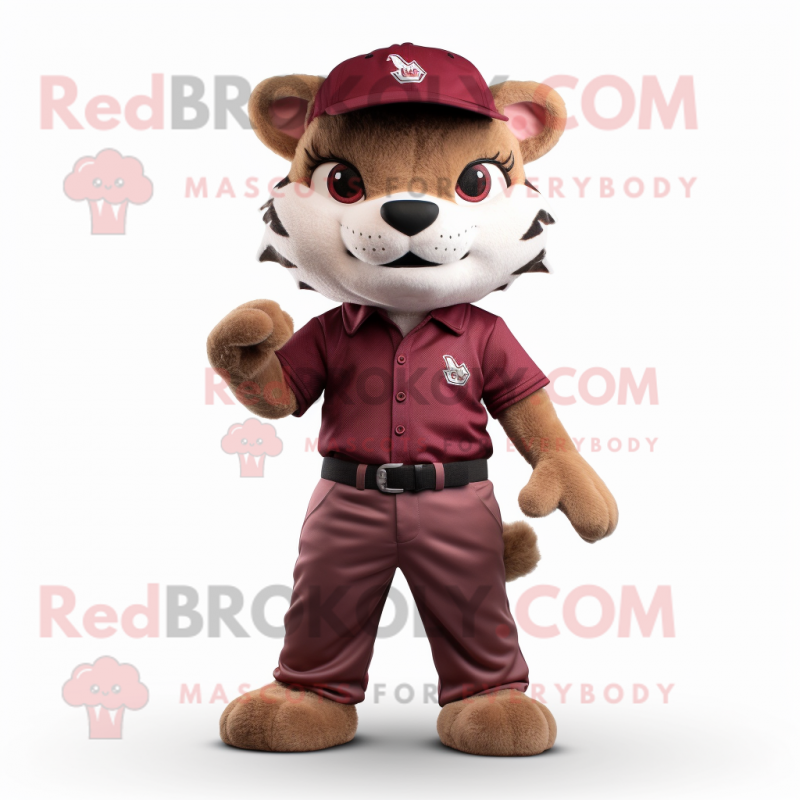 Maroon Bobcat mascot costume character dressed with a Chinos and Caps Maroon Bobcat mascot costume character dressed with a Chinos and Caps