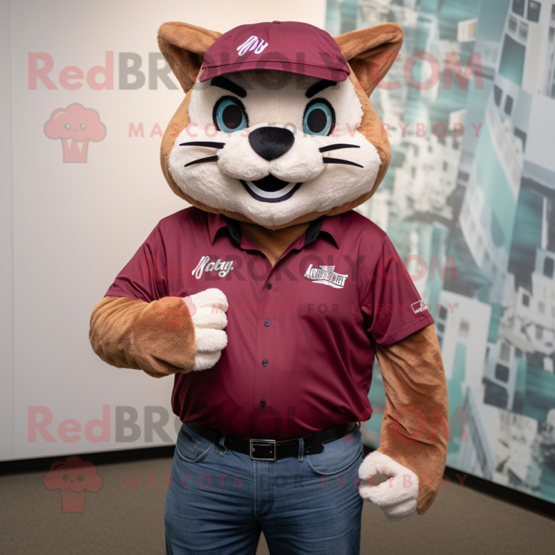 Maroon Bobcat mascot costume character dressed with a Chinos and Caps