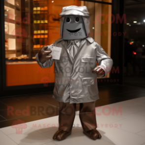 Silver Chocolate Bars mascot costume character dressed with a Raincoat and Pocket squares