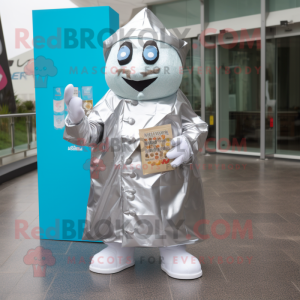 Silver Chocolate Bars mascot costume character dressed with a Raincoat and Pocket squares