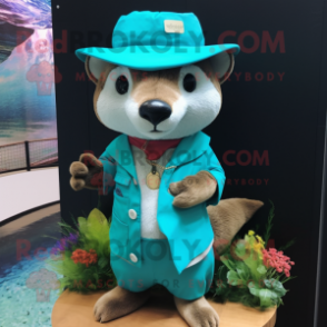 Turquoise Marten mascot costume character dressed with a Bikini and Hat pins