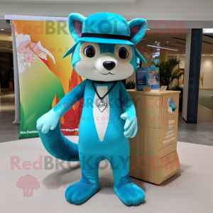 Turquoise Marten mascot costume character dressed with a Bikini and Hat pins