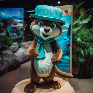 Turquoise Marten mascot costume character dressed with a Bikini and Hat pins