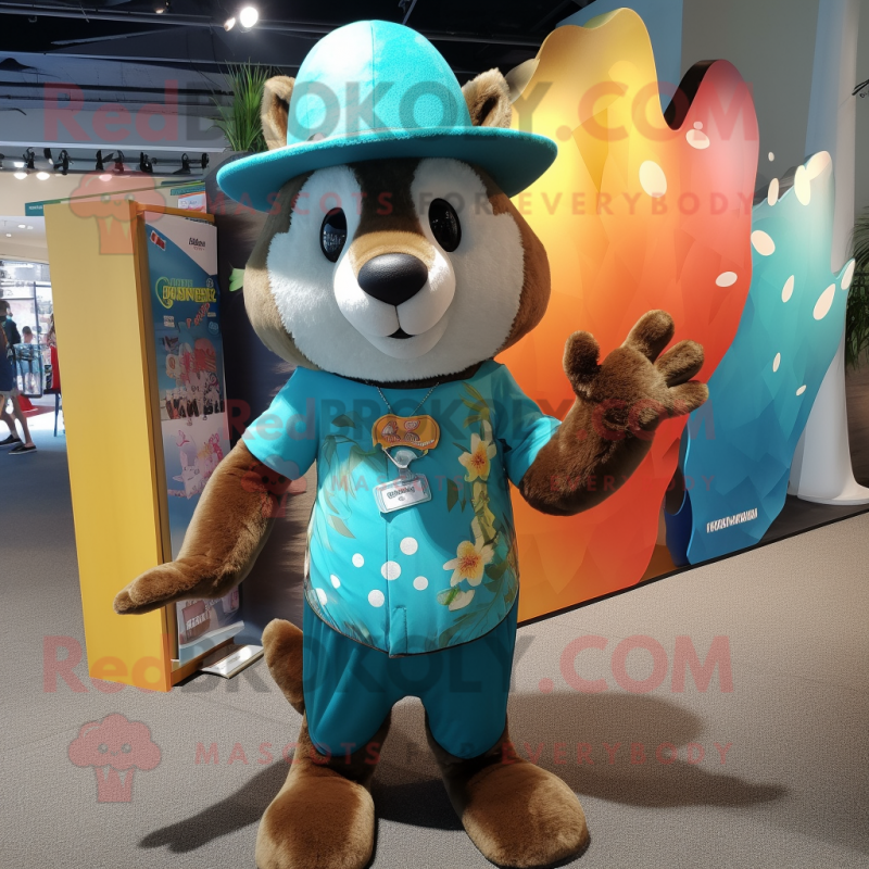 Turquoise Marten mascot costume character dressed with a Bikini and Hat pins