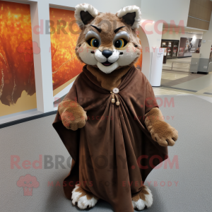 Brown Lynx mascot costume character dressed with a Wrap Dress and Shawl pins