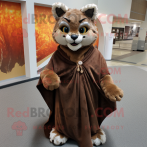 Brown Lynx mascot costume character dressed with a Wrap Dress and Shawl pins