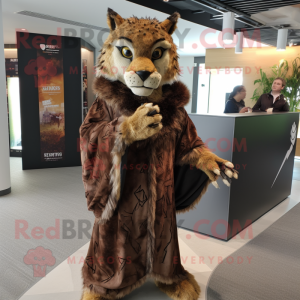 Brown Lynx mascot costume character dressed with a Wrap Dress and Shawl pins