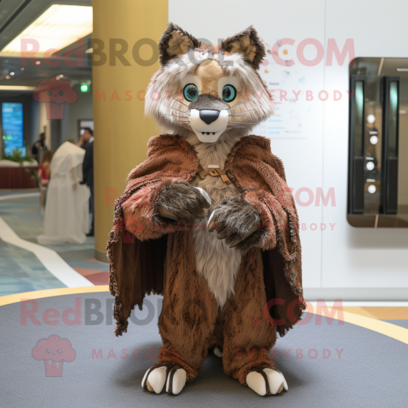 Brown Lynx mascot costume character dressed with a Wrap Dress and Shawl pins