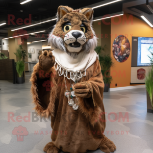 Brown Lynx mascot costume character dressed with a Wrap Dress and Shawl pins