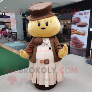 Brown Dim Sum mascot costume character dressed with a Mini Dress and Hat pins