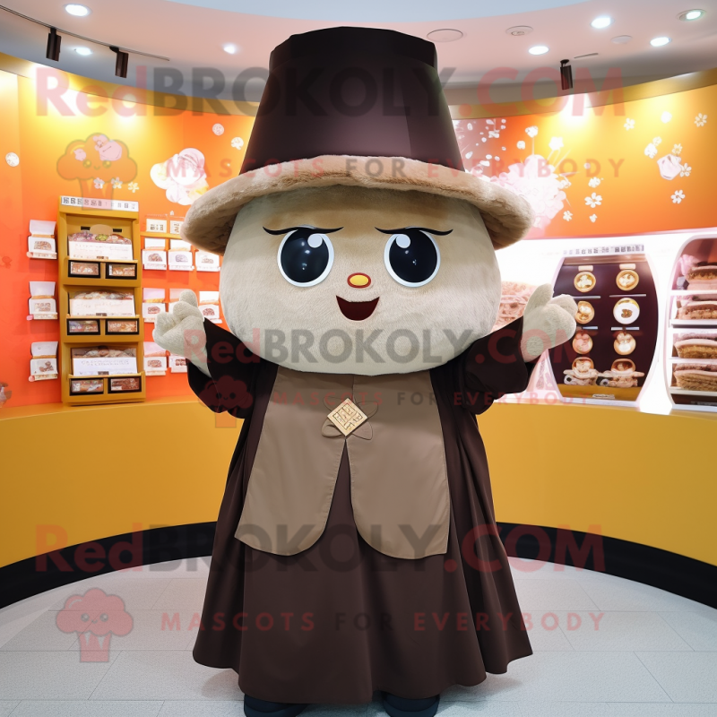 Brown Dim Sum mascot costume character dressed with a Mini Dress and Hat pins Brown Dim Sum mascot costume character dressed with a Mini Dress and Hat pins