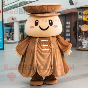 Brown Dim Sum mascot costume character dressed with a Mini Dress and Hat pins