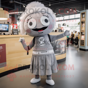 Gray Pho mascot costume character dressed with a Mini Dress and Headbands