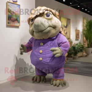 Lavender Glyptodon mascot costume character dressed with a Overalls and Brooches