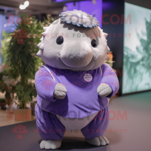 Lavender Glyptodon mascot costume character dressed with a Overalls and Brooches