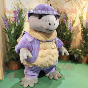 Lavender Glyptodon mascot costume character dressed with a Overalls and Brooches