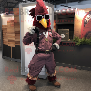 Maroon Rooster mascot costume character dressed with a Cargo Pants and Bracelets