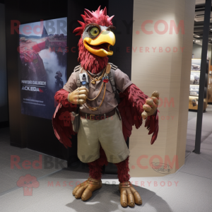 Maroon Rooster mascot costume character dressed with a Cargo Pants and Bracelets
