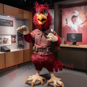 Maroon Rooster mascot costume character dressed with a Cargo Pants and Bracelets