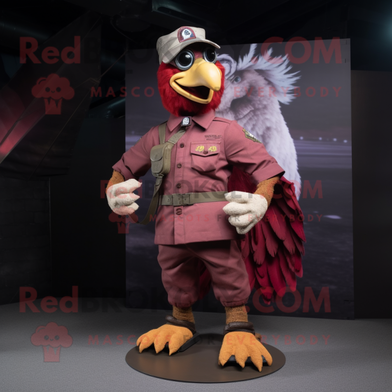 Maroon Rooster mascot costume character dressed with a Cargo Pants and Bracelets