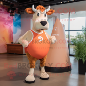 Peach Guernsey Cow mascot costume character dressed with a Tank Top and Anklets